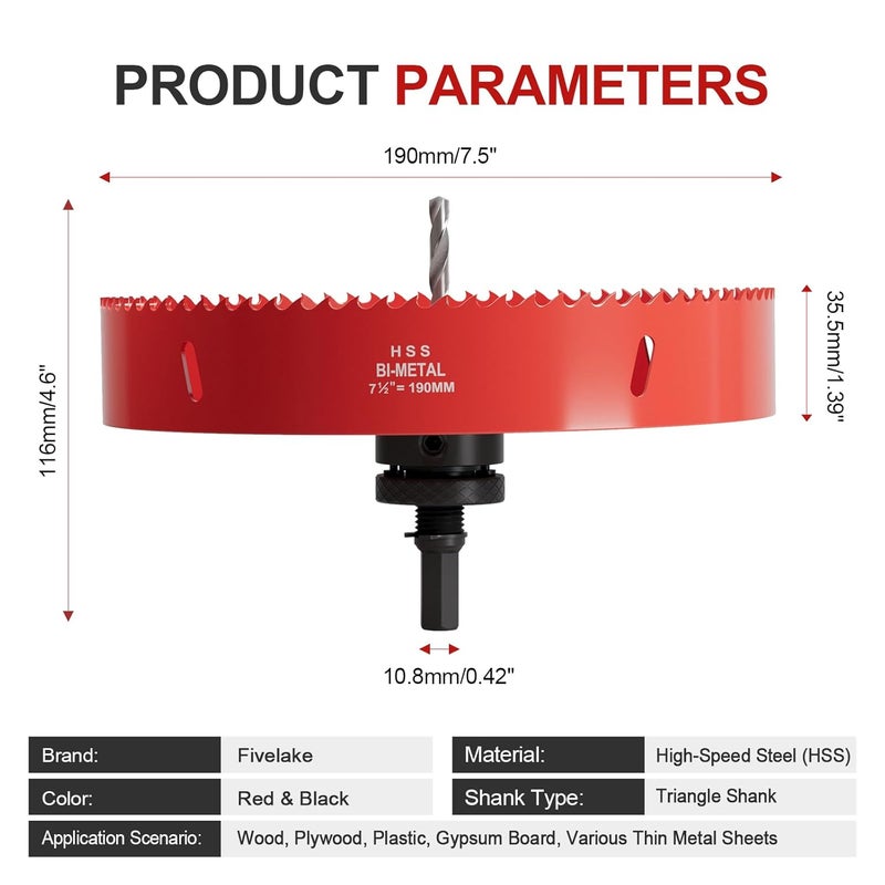 FIVELAKE 7-1/2" (190mm) Bi-Metal M42 High Speed Steel Hole Saw with Pilot Drill Bit, Smooth Cutting Edge for PVC, Drywall, Wood, Plastic, Gypsum Board, Rubber, Thin Metal - Image 4